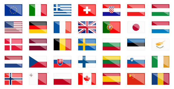 flags of different countries with reflection