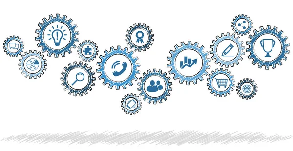 Scribble gears with different business icons — Stock Vector