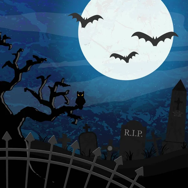 Halloween kuburan dan kelelawar di depan bulan purnama - Stok Vektor