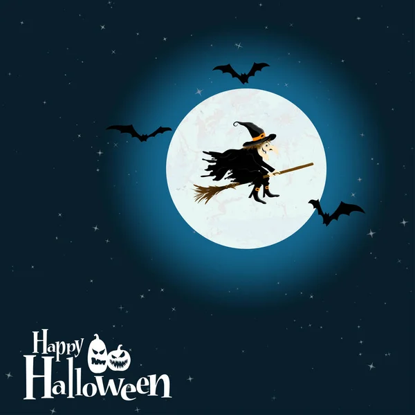 Bruxa de Halloween na frente da lua cheia — Vetor de Stock