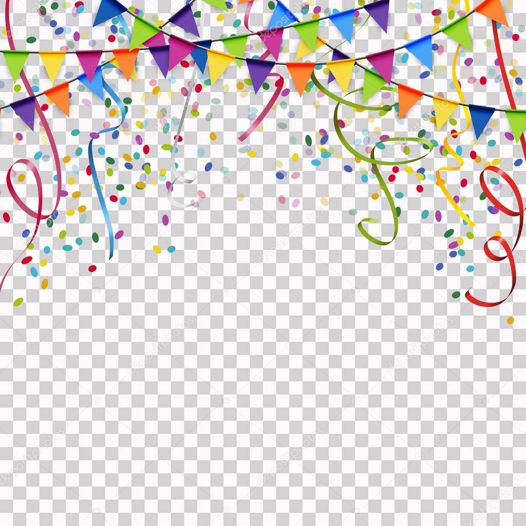 garlands, streamers and confetti background with vector transpar