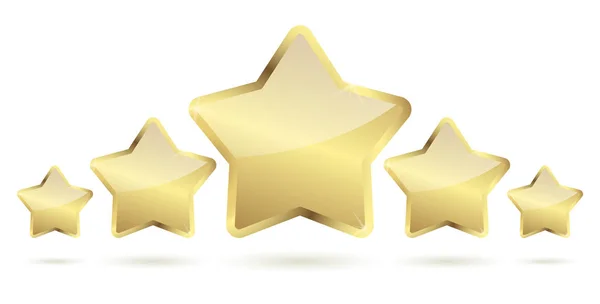 Five golden stars with shadow in a row — Stock Vector