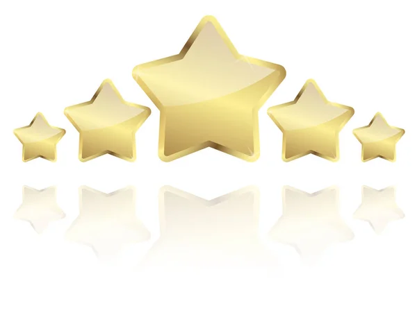 Five golden stars with reflection in a row — Stock Vector