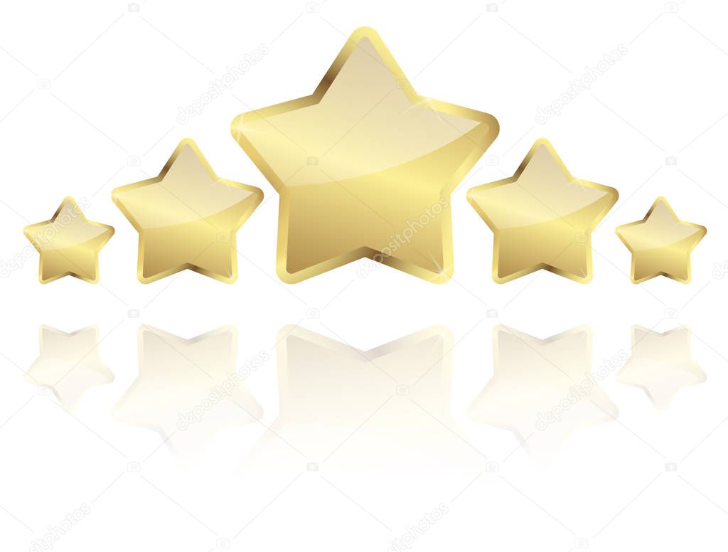 five golden stars with reflection in a row