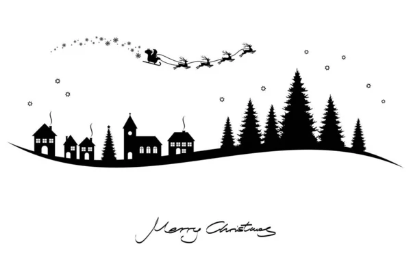 Санта Клаус, северные олени, церковь и хвойные деревья — стоковый вектор