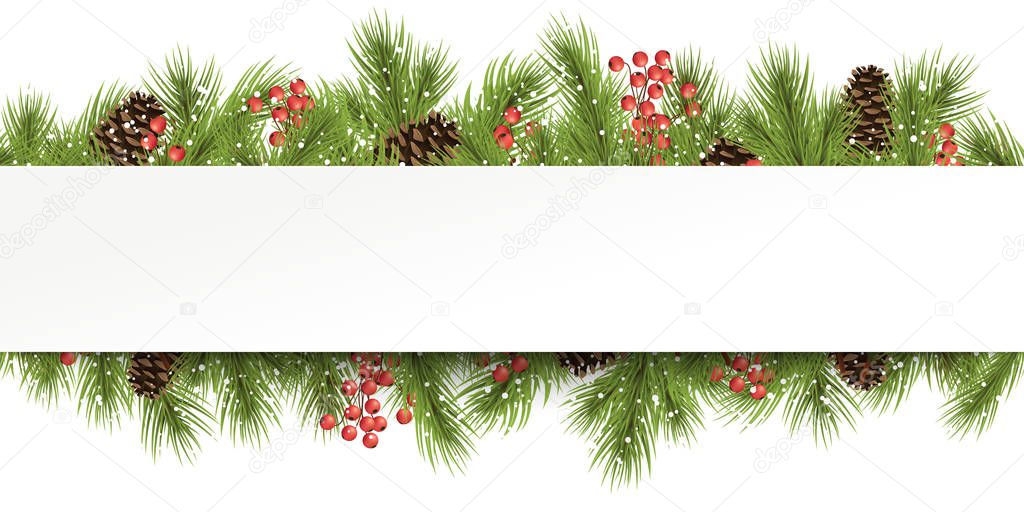 christmas fir branches behind white empty frame