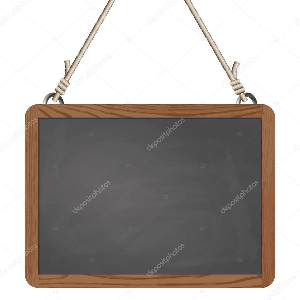 black board hanging on ropes
