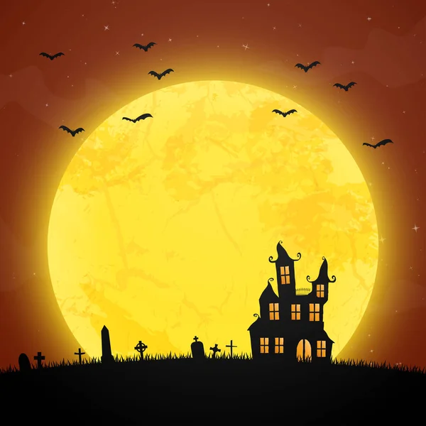Assustador Castelo Halloween Com Pedras Graves Frente Uma Lua Cheia — Vetor de Stock