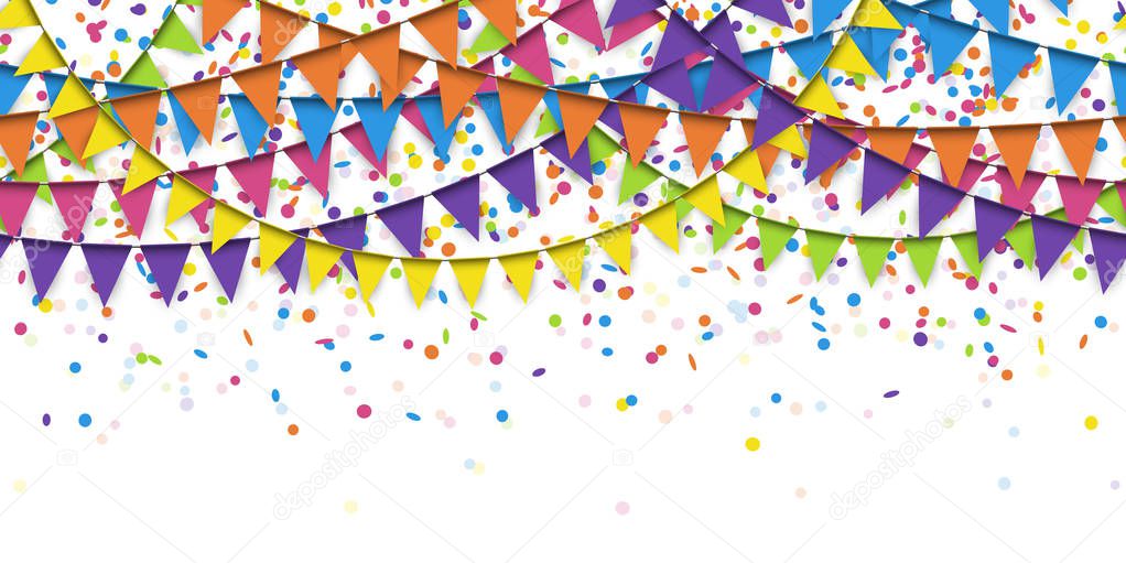 vector illustration of seamless colored confetti and garlands on white background for party or carnival usage