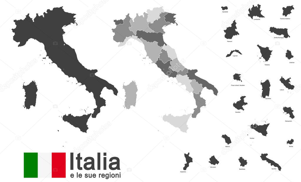 silhouettes of european country Italy and the regions