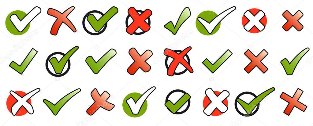 big collection of different green check marks and red crosses