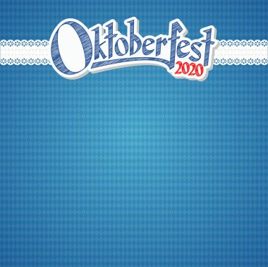 Oktoberfest arkaplan mavi-beyaz kareli kalıp, pankart ve metin Oktoberfest 2020 (Almanca)