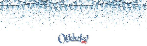 Oktoberfest 2020 Bloemenslingers Met Blauw Wit Ruitpatroon Blauwe Confetti — Stockvector