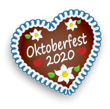 Oktoberfest 2020 ve kırmızı kalpler ve Alman Edelweiss çiçekleri ile betimlenmiş zencefilli bir kalp.