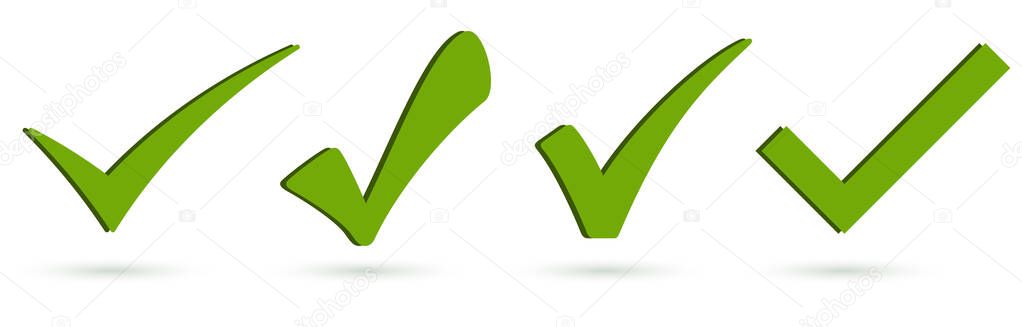 collection of four different green success check marks with shadow