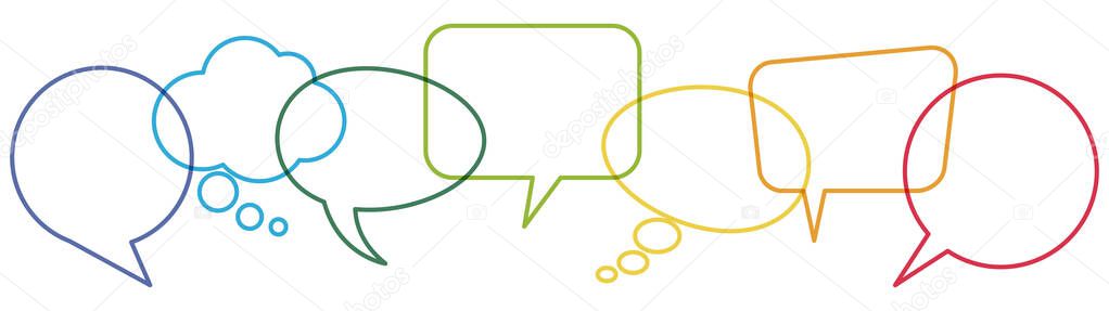 illustration of outlined colored speech bubbles in a row with space for text symbolizing communication process with white background