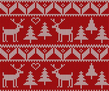 Geyikler ve köknar ağaçları ile Seamless Modeli Örgü Noel. Yeni yıl, Yılbaşı ve kış vektör arka plan