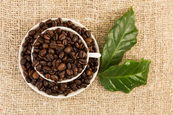Vista superior da xícara de café com grãos e folhas — Fotografia de Stock
