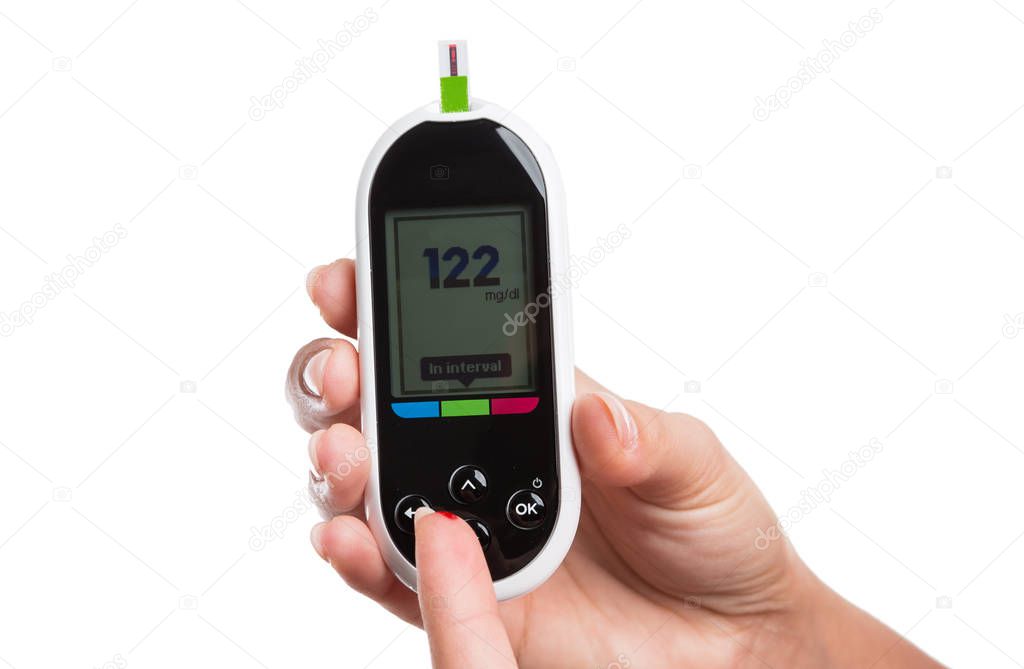 Woman measuring or checking glucose level with digital glaucomet