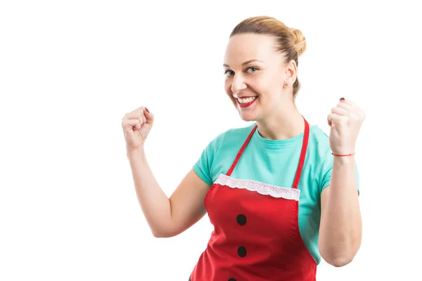 Happy cheerfull maid or housekeeper acting successful — Stock Photo, Image