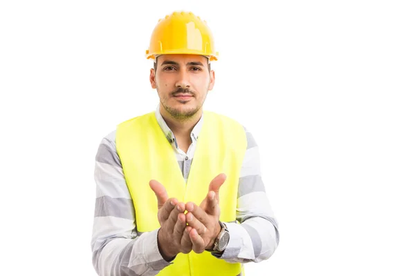 Engenheiro ou trabalhador da construção civil pedindo respostas exigentes gesto — Fotografia de Stock