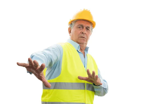 Builder making stay away gesture