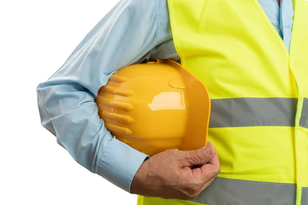 Closeup of helmet held by builder — Stock Photo, Image