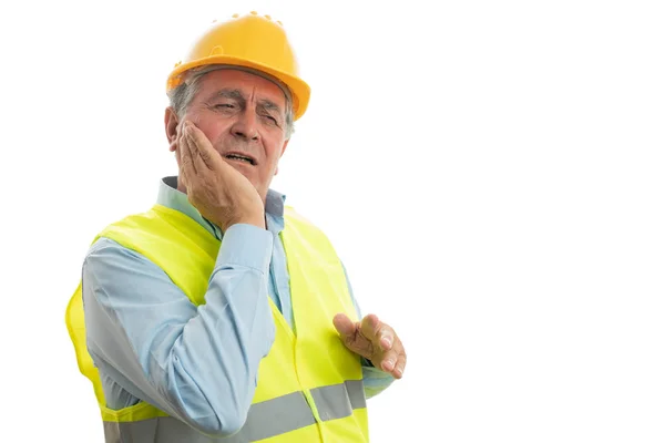 Construtor tocando rosto como conceito de dor de dente — Fotografia de Stock