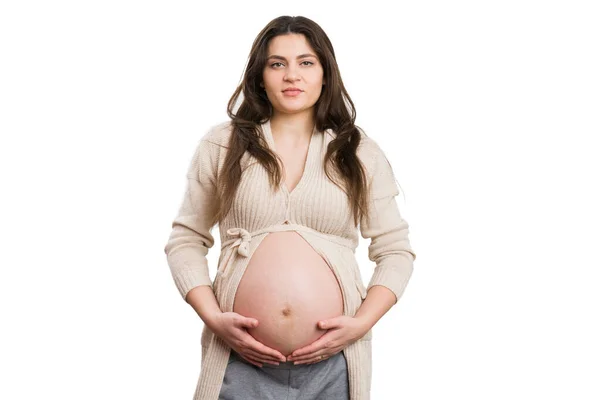 Jovem Mulher Grávida Atraente Segurando Sua Barriga Nove Meses Isolado — Fotografia de Stock