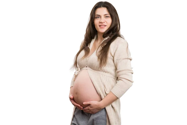 Young Attractive Pregnant Woman Holding Her Belly Expecting Twins Isolated — Stock Photo, Image