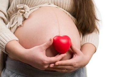 Müstakbel annenin elinde kalp oyuncağı tutarken beyaz arka planda izole edilmiş aşk konsepti.