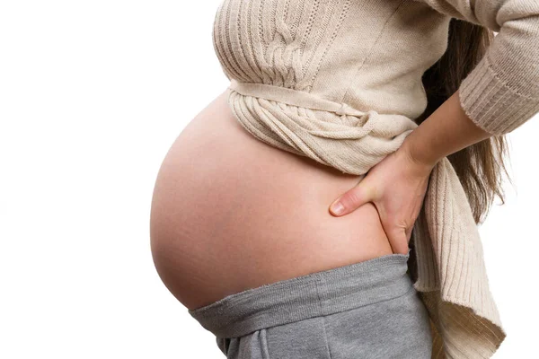 Zbliżenie Kobiety Ciąży Odczuwającej Ból Pleców Ponieważ Koncepcja Ósmego Miesiąca — Zdjęcie stockowe