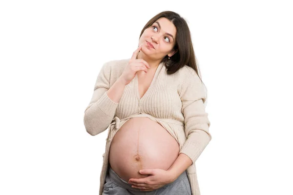 Kobieta Ciąży Robi Gest Myślenia Jako Przyszłej Koncepcji Izolowane Białym — Zdjęcie stockowe