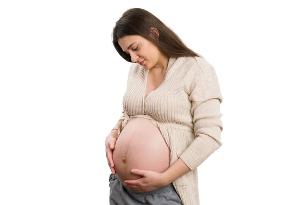 Peaceful Pregnant Woman Checking Belly Isolated White Background Happy Pregnancy — Stock Photo, Image