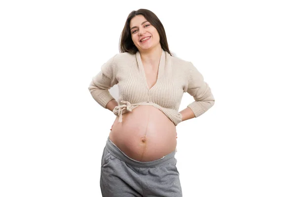 Молодая Смеющаяся Беременная Женщина Показывает Свой Живот Здоровую Концепцию Беременности — стоковое фото