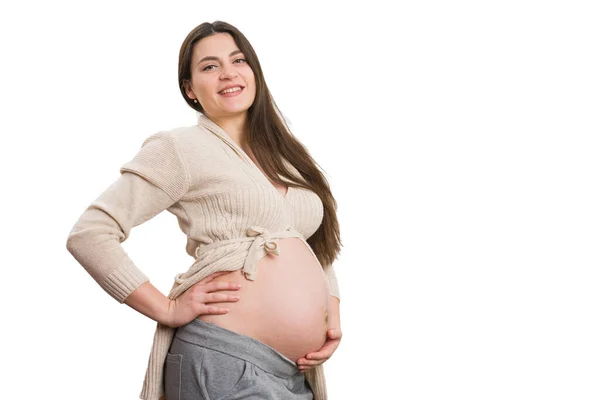 Jong Aantrekkelijk Zwanger Vrouw Houden Haar Acht Maanden Buik Geïsoleerd — Stockfoto