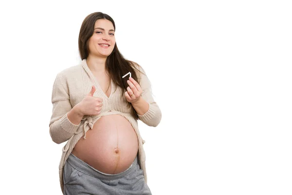 Happy Pregnant Woman Making Thumbs Gesture Holding Cigarette Isolated White — Stock Photo, Image