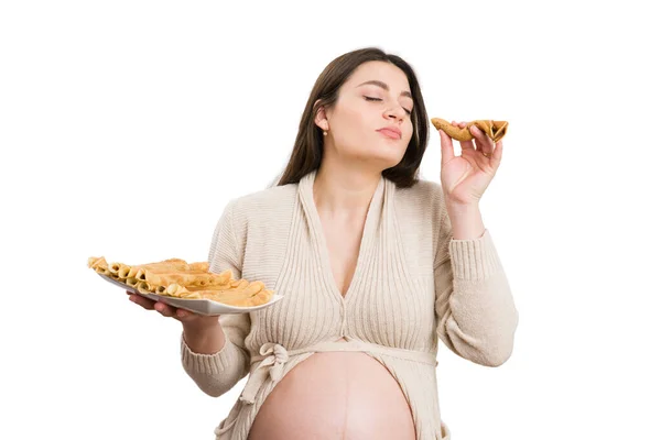 Wanita Hamil Makan Pancake Dan Memegang Piring Sebagai Konsep Keinginan — Stok Foto