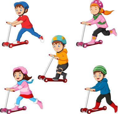 Çocuklar scooter sürmeyi öğrenir.