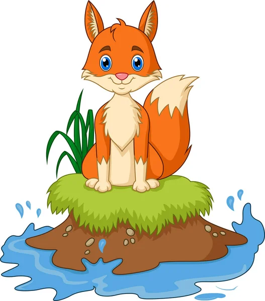 Cartoon Fox Assis Sur Herbe — Image vectorielle