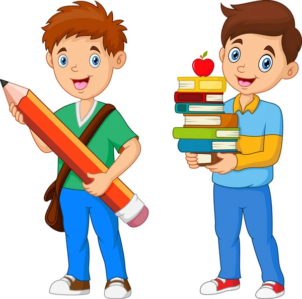 Desenhos Animados Meninos Segurar Lápis Com Livro — Vetor de Stock