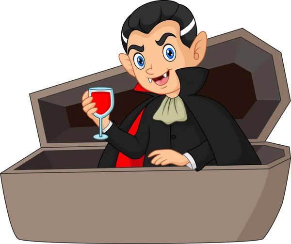 Cartoon Dracula Drink Blood Coffin — Stock Vector