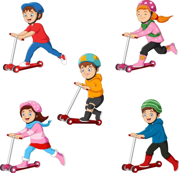 Bambini Imparano Cavalcare Scooter — Vettoriale Stock