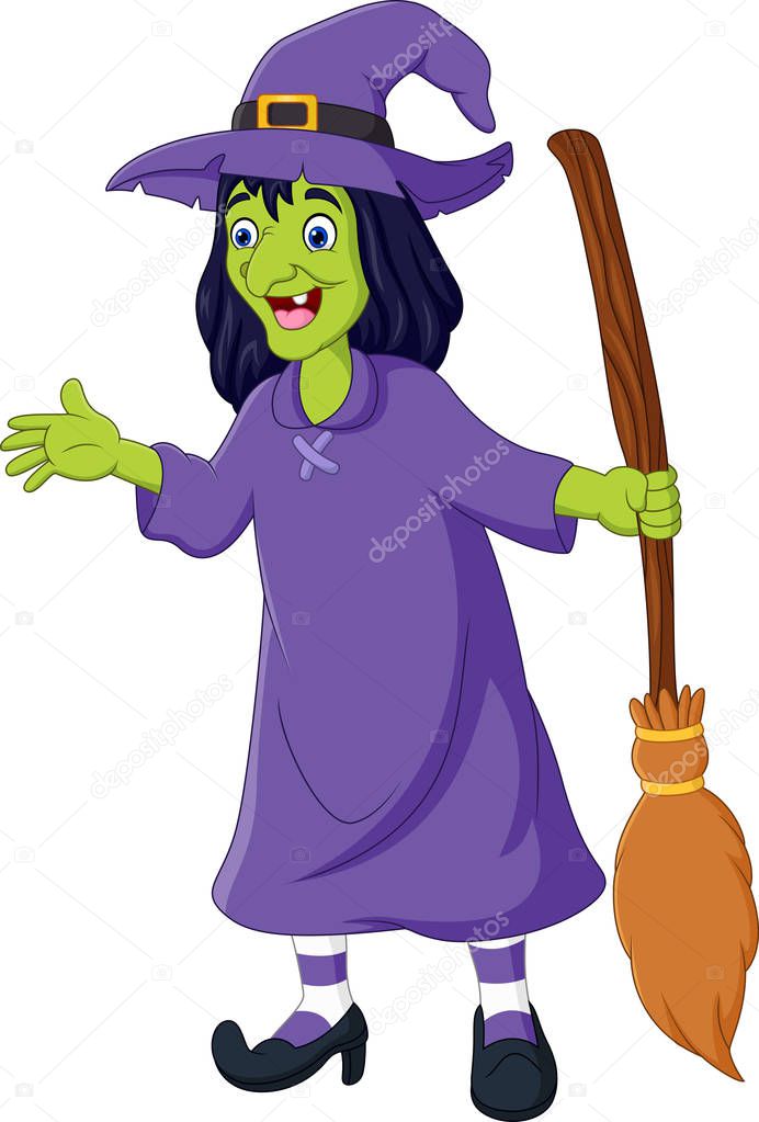 Cartoon old witch with a broom