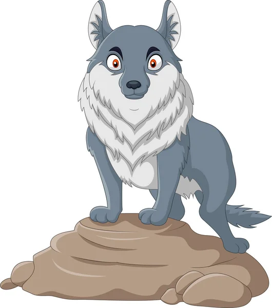 Cartoon Wolf Stands Rock — Stock Vector