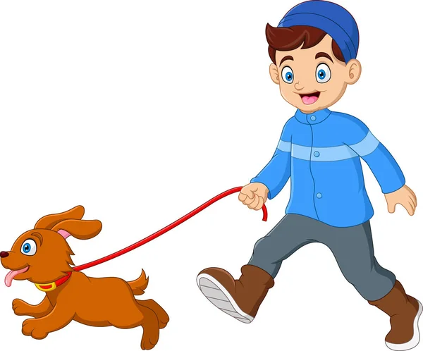 Schattige Jongen Wandelen Met Hond — Stockvector