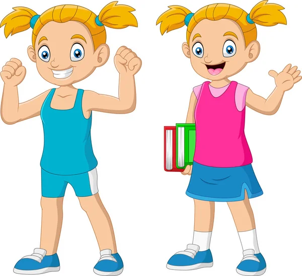 Dibujos Animados Feliz Escuela Chica Llevando Libro — Vector de stock