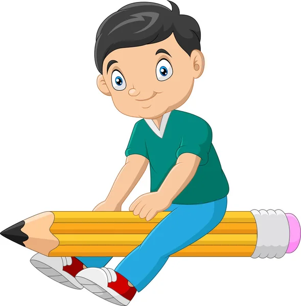 卡通男孩骑着一支飞舞的铅笔 — 图库矢量图片