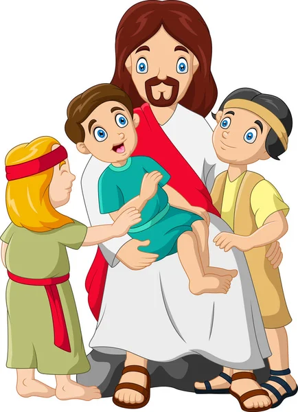 Dibujos Animados Jesucristo Con Los Niños — Vector de stock