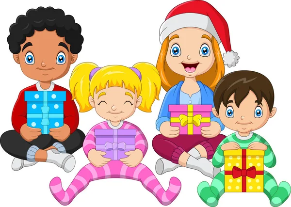 Niños Sentados Mientras Abrazan Regalos — Vector de stock